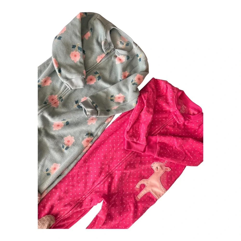Carters Girls 24M Fleece Footed Pajamas Lot 2 Unicorn Floral Pink Blue Sleeper
